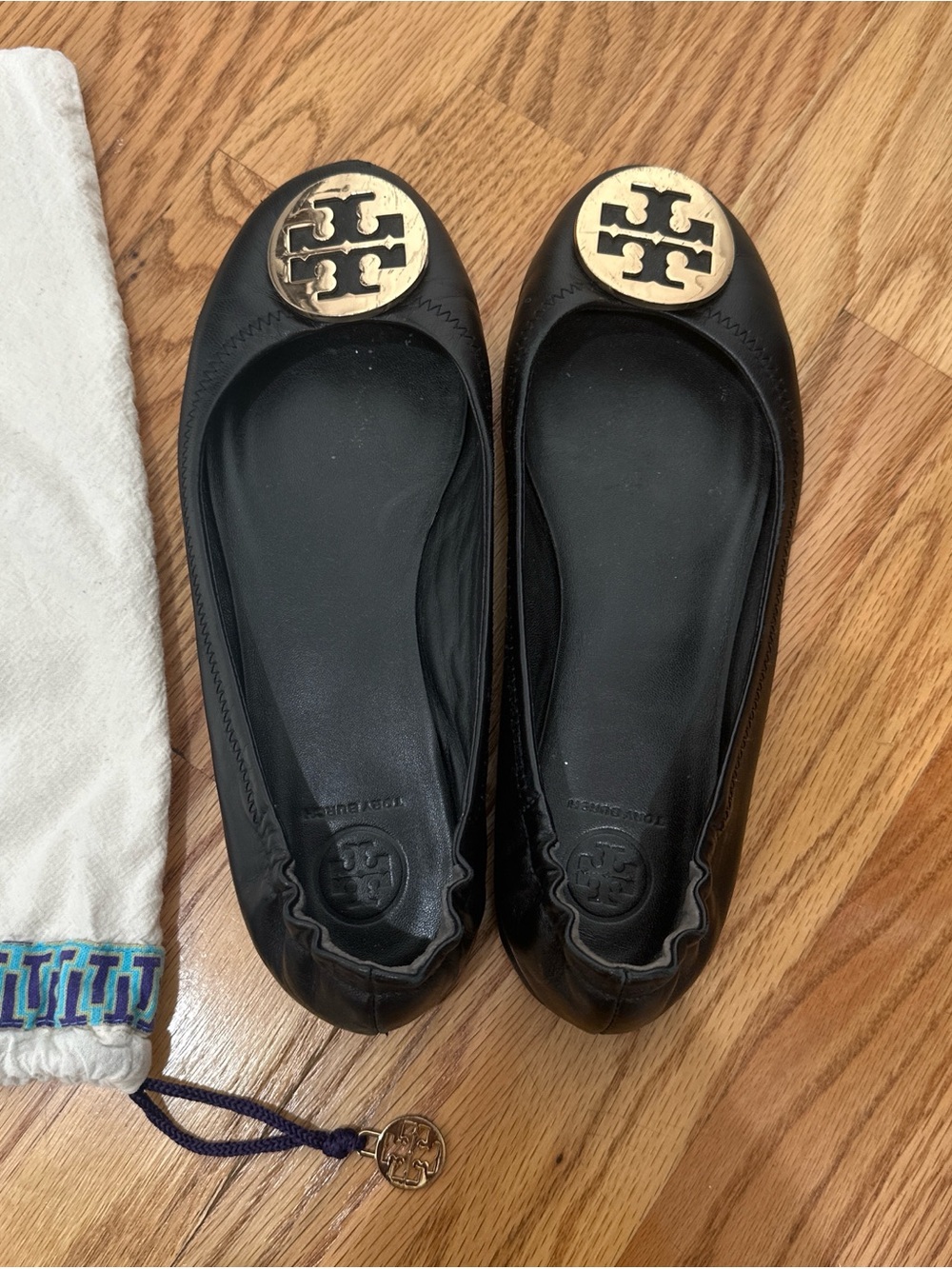 Tory Burch Black Leather Reva Ballet Flats with Gold Logo
